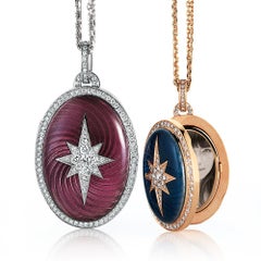Oval Brilliant Star Pendant Locket 18k Rose Gold Blue Enamel 85 Diamonds 0.88 ct