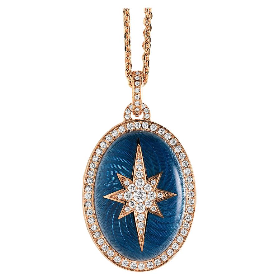Oval Brilliant Star Pendant Locket 18k Rose Gold Blue Enamel 85 Diamonds 0.88 ct For Sale