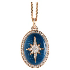 Oval Brilliant Star Pendant Locket 18k Rose Gold Blue Enamel 85 Diamonds 0.88 ct