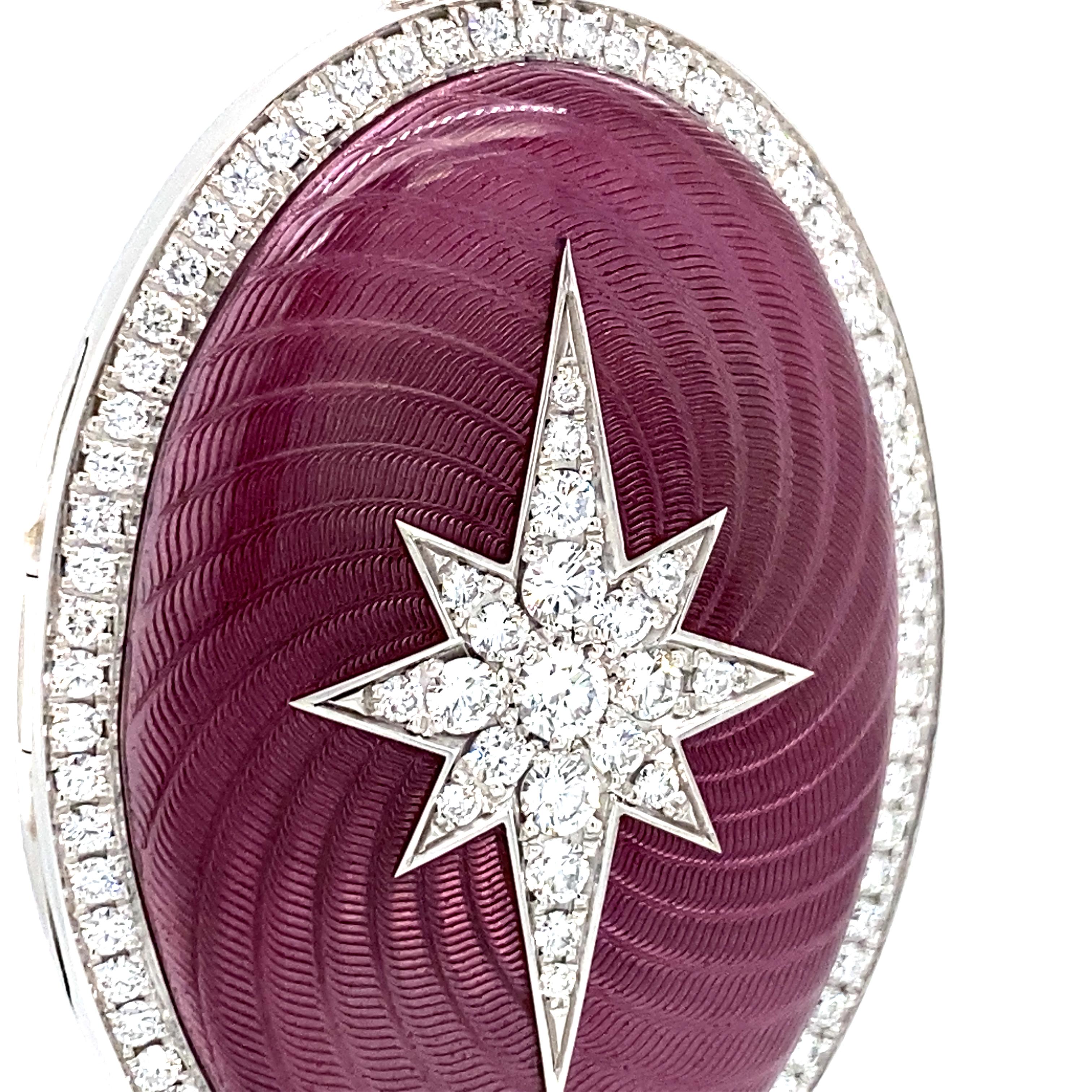 Oval Locket Pendant Star 18k White Gold Pink Enamel Guilloche 108 Diamond 1.39ct For Sale 2