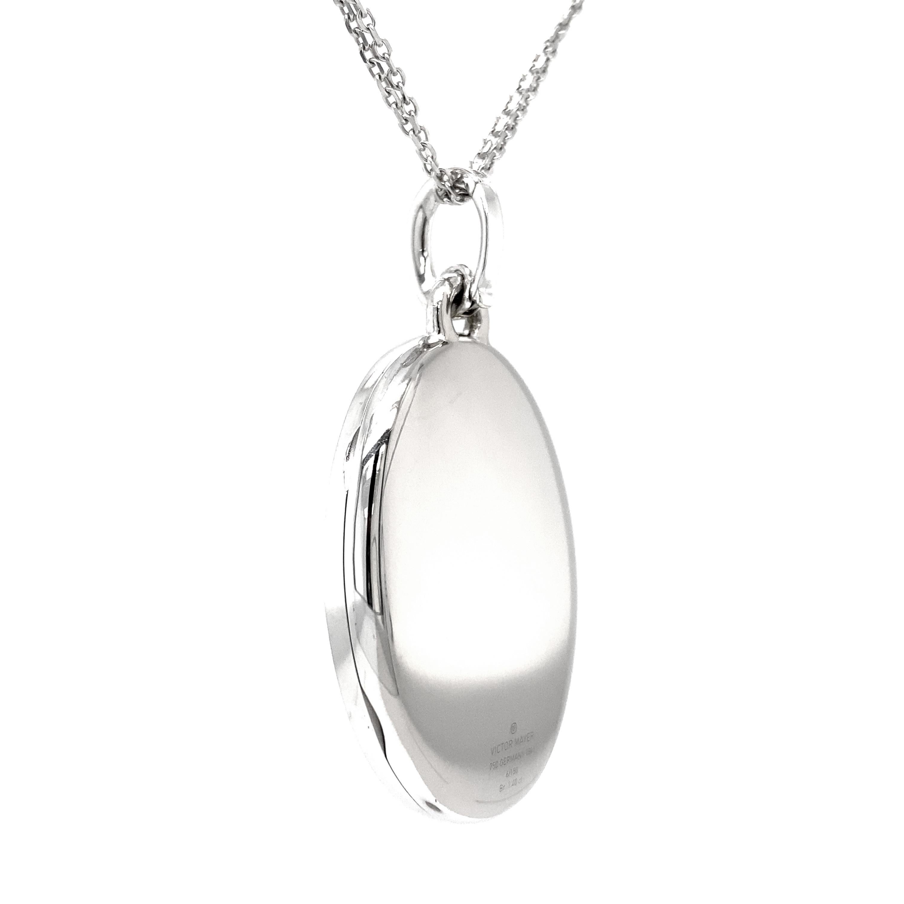 Brilliant Cut Oval Locket Pendant Star Necklace 18k White Gold Pink Enamel 108 Diamonds 1.39ct For Sale