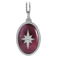 Oval Locket Pendant Star Necklace 18k White Gold Pink Enamel 108 Diamonds 1.39ct