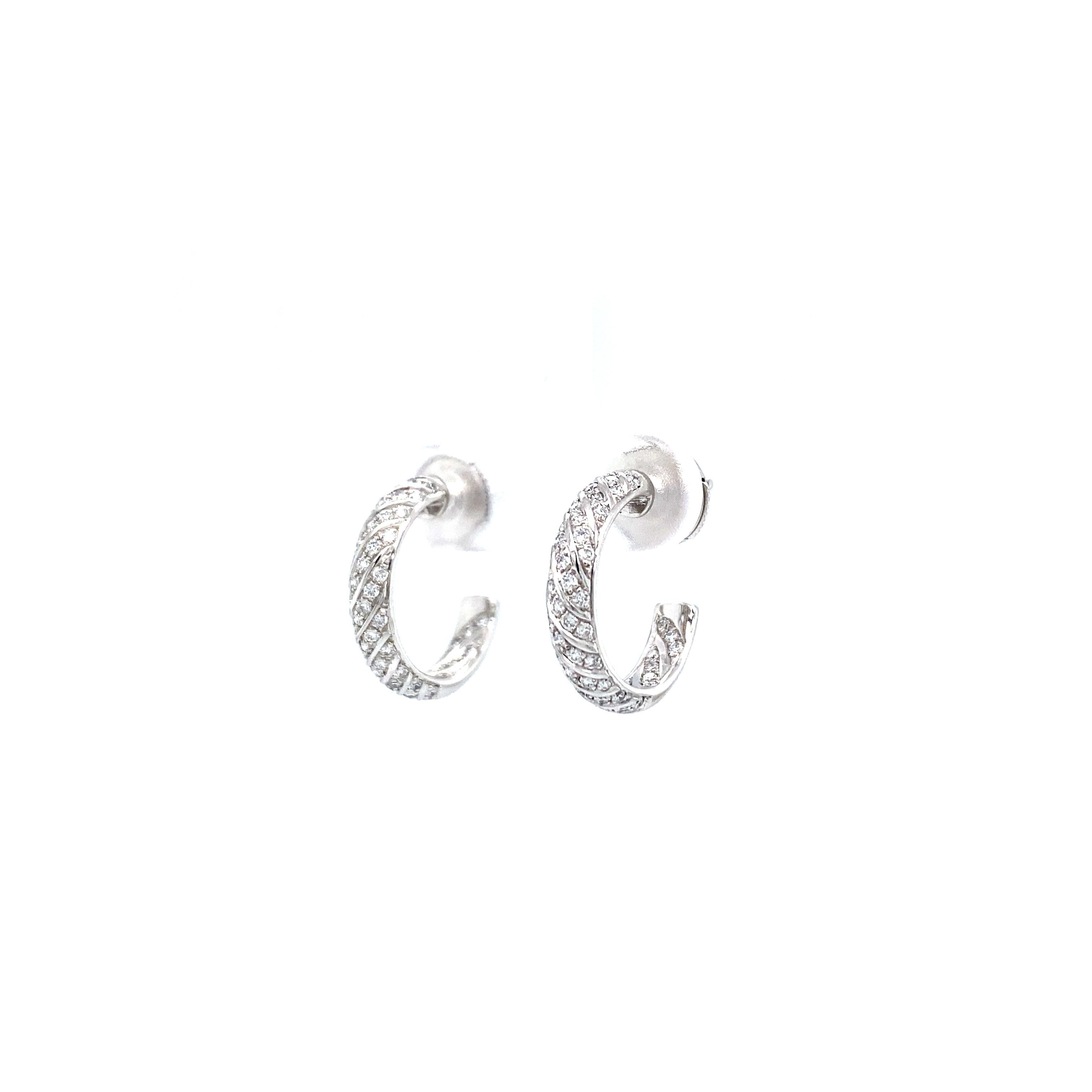 Round Hoop Stud Earrings 18k White Gold 104 Diamonds 0.52 ct G VS Width 3.4 mm For Sale 3