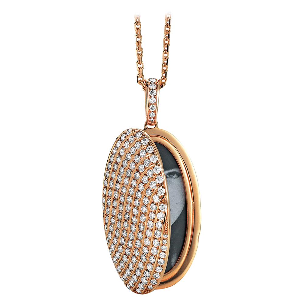 Pendentif médaillon ovale personnalisable en or rose 18 carats avec 151 diamants de 4,18 carats, 24 x 40 mm en vente
