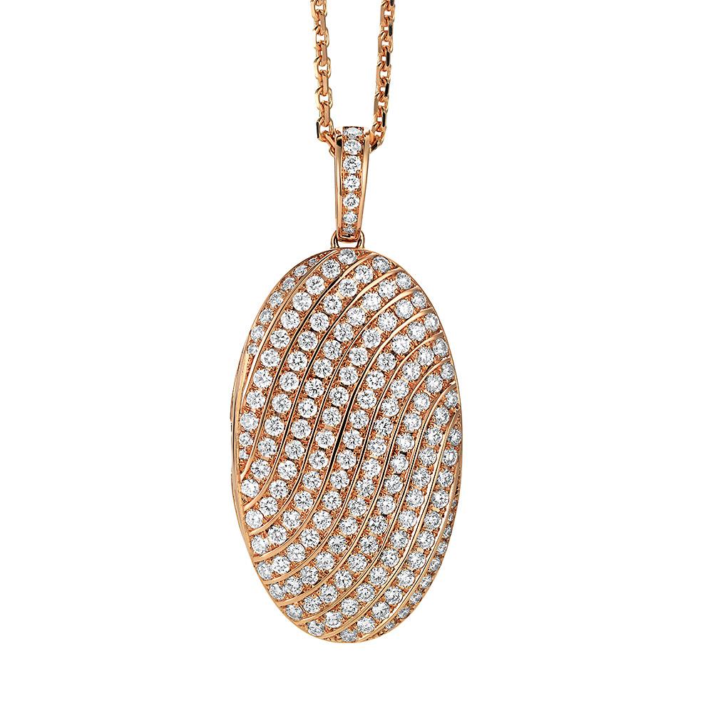 Victor Mayer customizable oval locket pendant necklace 18k rose gold, Calima Collection, 151 diamonds, total 4.18 ct, G VS, brilliant cut, measurements app. 24.0 mm x 40.0 mm

About the creator Victor Mayer
Victor Mayer is internationally renowned