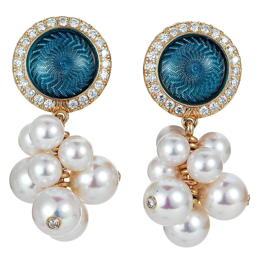 Round Stud Earrings 18k Yellow Gold Blue Enamel 54 Diamonds 0.42 ct Akoya Pearls For Sale