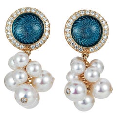Round Stud Earrings 18k Yellow Gold Blue Enamel 54 Diamonds 0.42 ct Akoya Pearls