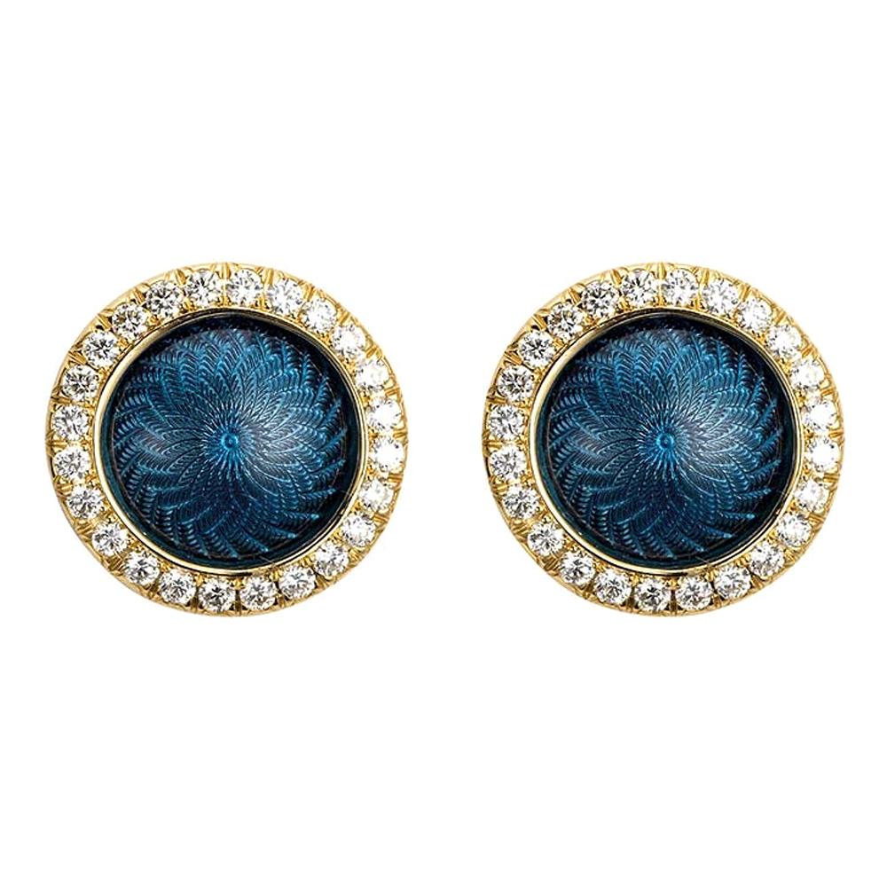 Round Stud Earrings 18k Yellow Gold Blue Enamel Guilloche 48 Diamonds 0.36 ct For Sale
