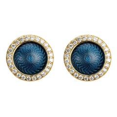 Round Stud Earrings 18k Yellow Gold Blue Enamel Guilloche 48 Diamonds 0.36 ct