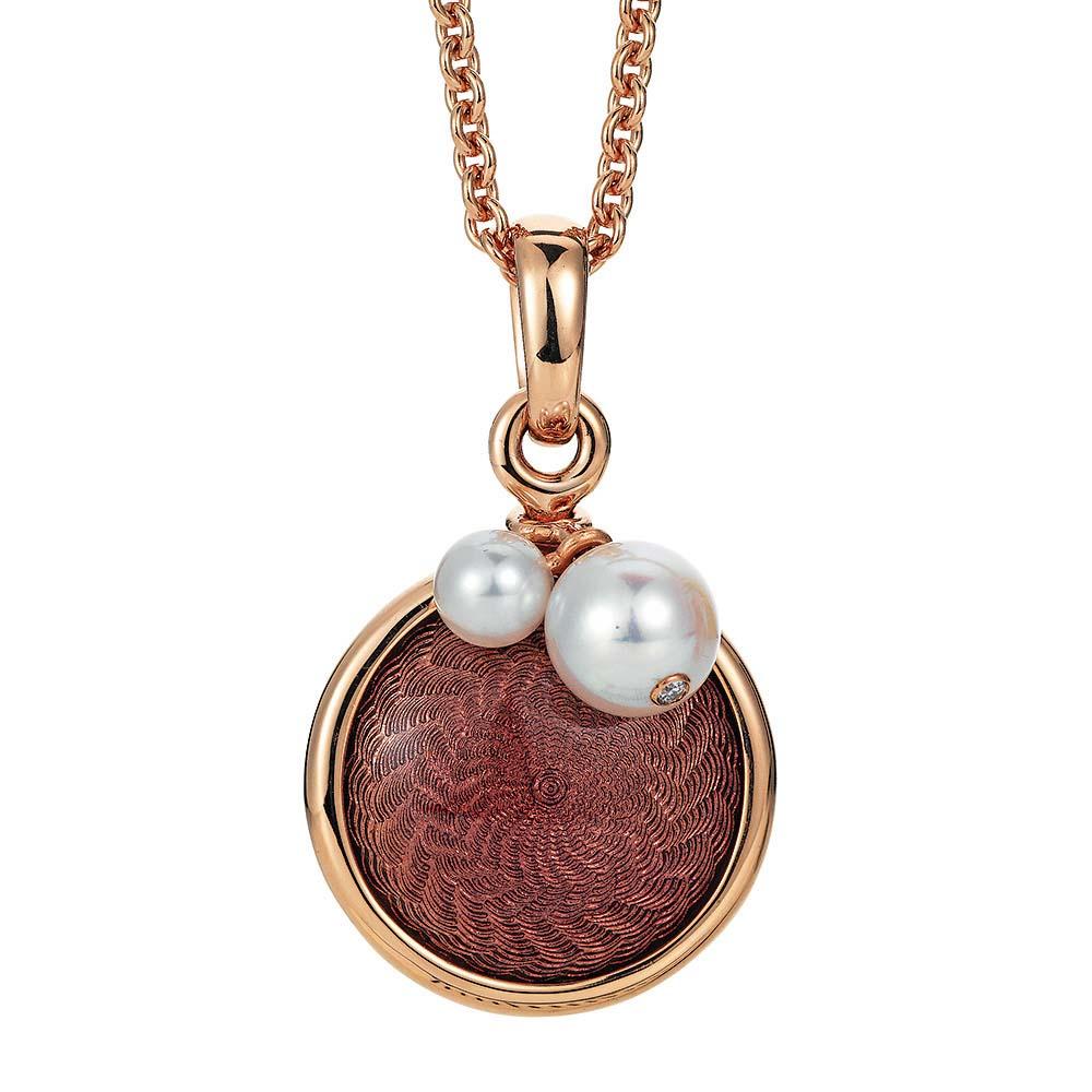 Contemporary Round Pendant 18k Rose Gold Red Enamel Guilloche 1 Diamond 0.01ct 2 Akoya Pearls For Sale