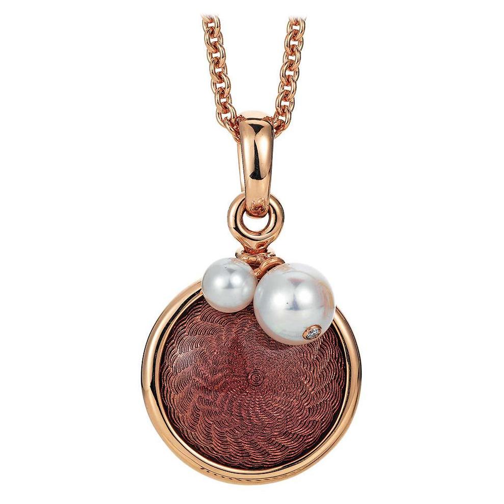 Round Pendant 18k Rose Gold Dark Mauve Enamel 1 Diamond 0.01ct 2 Akoya Pearls