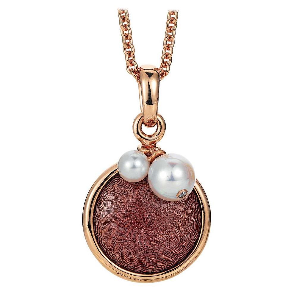 Round Pendant 18k Rose Gold Red Enamel Guilloche 1 Diamond 0.01ct 2 Akoya Pearls For Sale