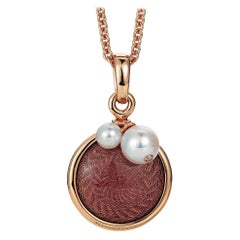 Round Pendant 18k Rose Gold Dark Mauve Enamel 1 Diamond 0.01ct 2 Akoya Pearls