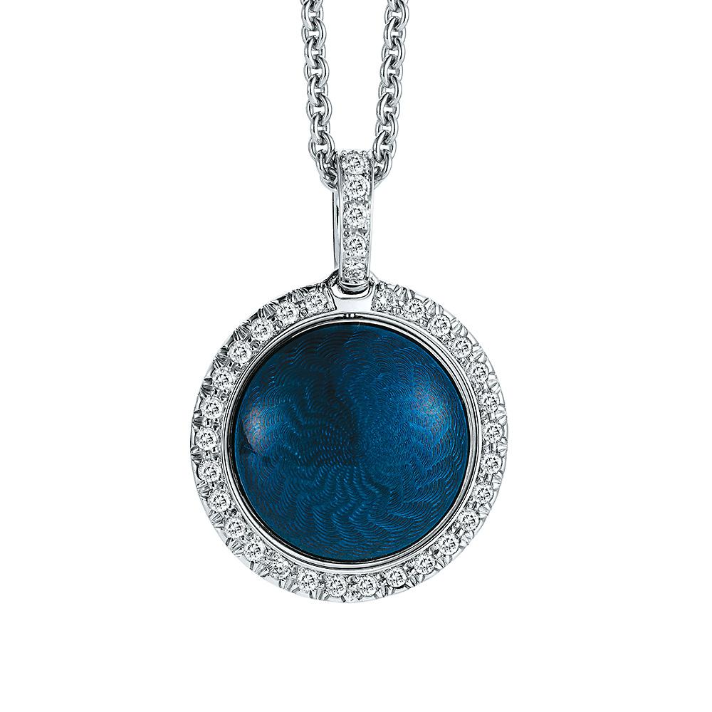 Taglio brillante Ciondolo rotondo a due lati in oro bianco 18k e argento Smalto blu fondente 34 diamanti in vendita