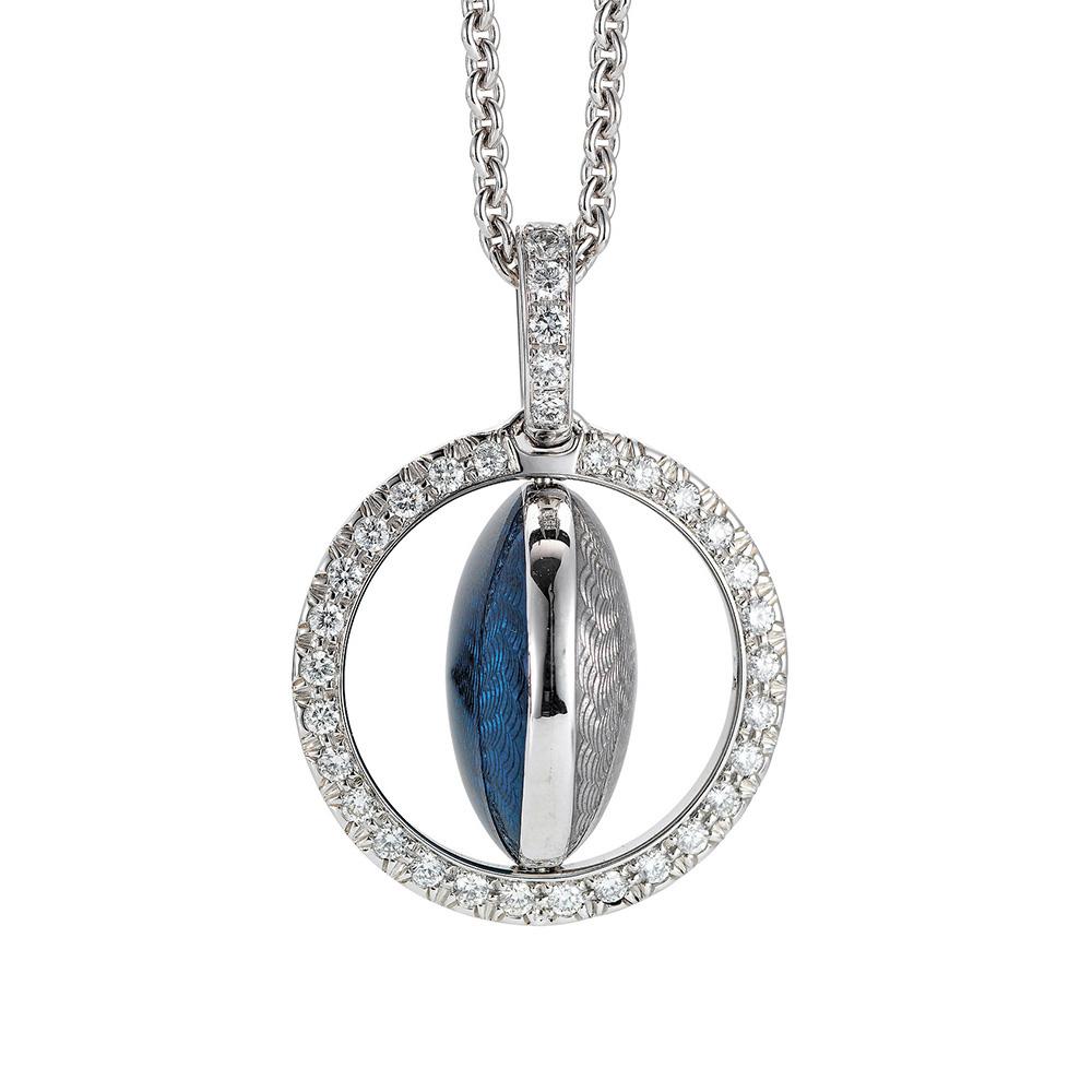 Ciondolo rotondo a due lati in oro bianco 18k e argento Smalto blu fondente 34 diamanti In condizioni Nuovo in vendita a Pforzheim, DE