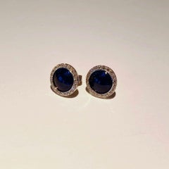 Round Stud Earrings - 18k White Gold - Blue Enamel Guilloche 48 Diamonds 0.30 ct