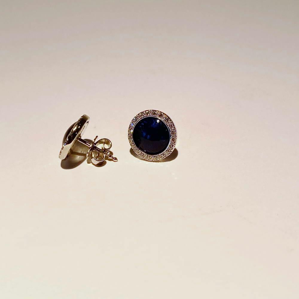 Brilliant Cut Round Stud Earrings - 18k White Gold - Blue Enamel Guilloche 48 Diamonds 0.30 ct For Sale