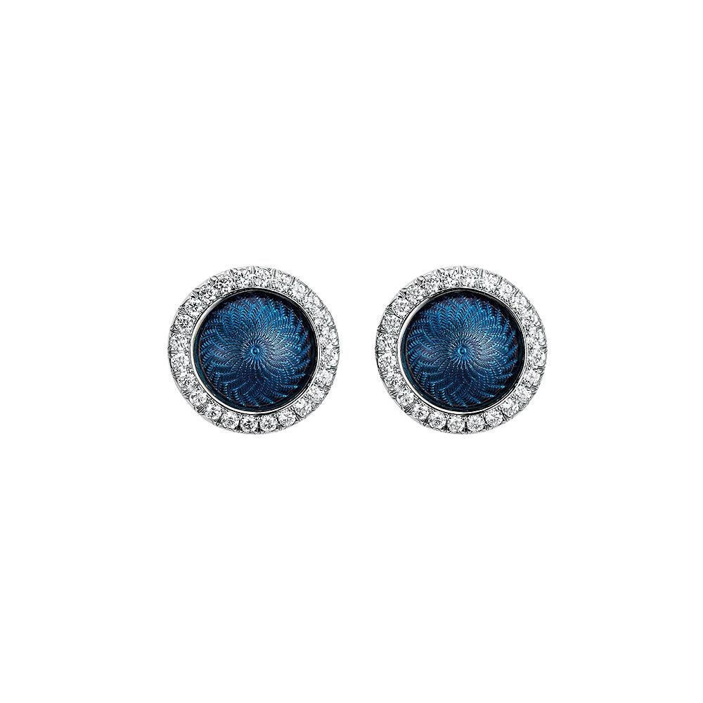 Round Stud Earrings - 18k White Gold - Blue Enamel Guilloche 48 Diamonds 0.30 ct For Sale