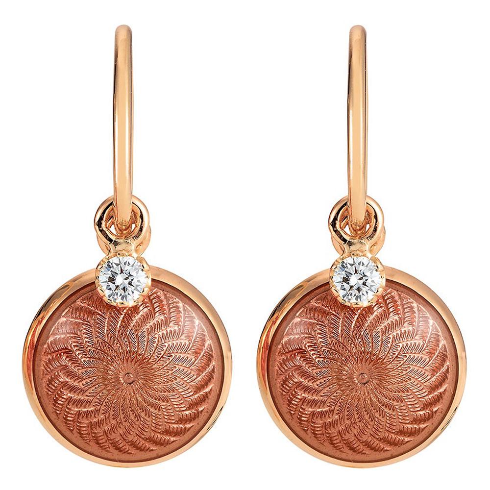 Round Drop Earrings - 18k Rose/Yellow Gold - Red Enamel 2 Diamonds 0.08 ct 10 mm For Sale