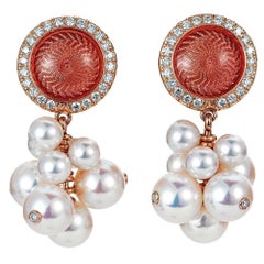 Round Stud Earrings 18k Rose/Yellow Gold Blue Enamel 54 Diamonds 0.42 ct Pearls