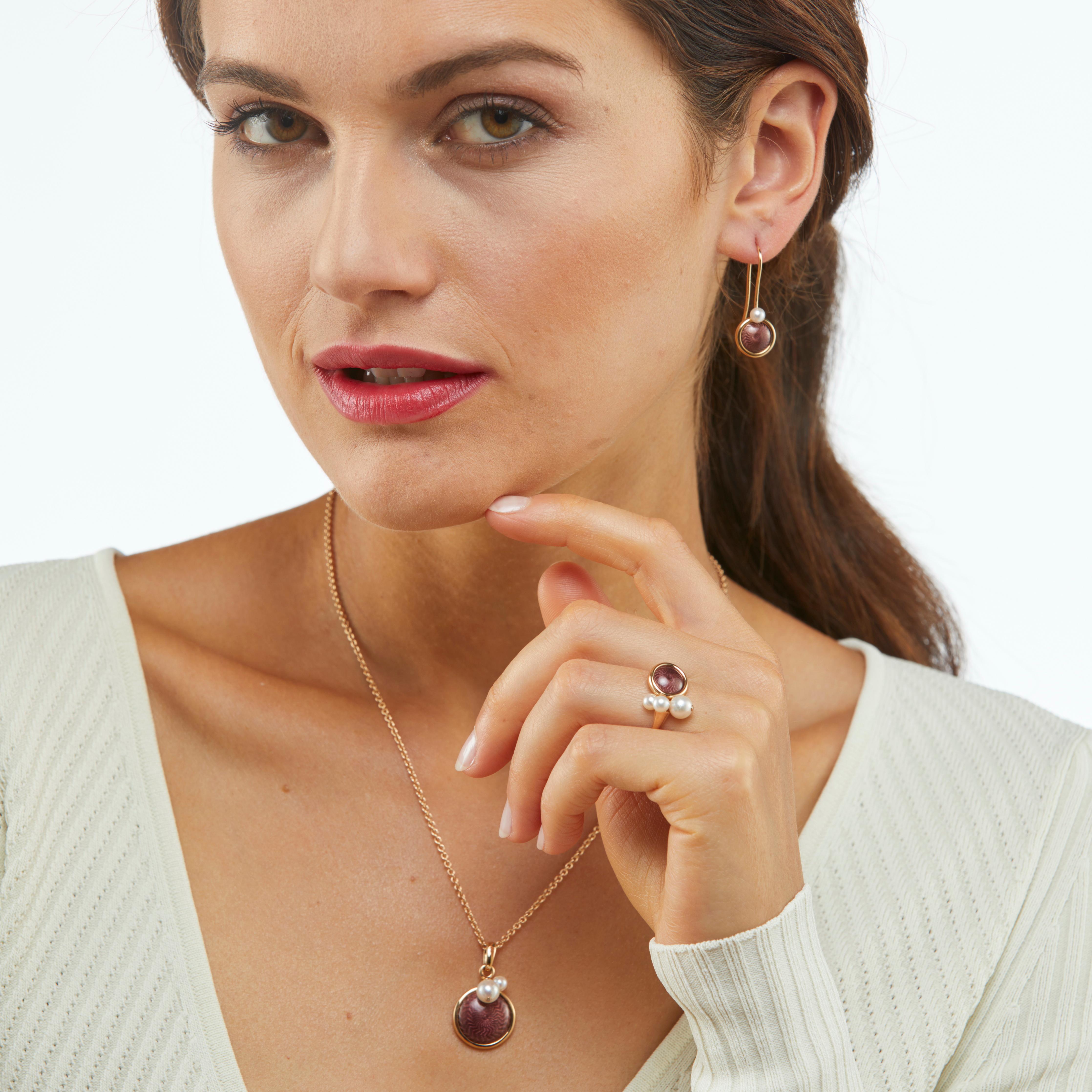 Ball Cut Victor Mayer Candy Wine Red Enamel and 2 Akoya Pearls Earrings 18k Yellow Gold For Sale