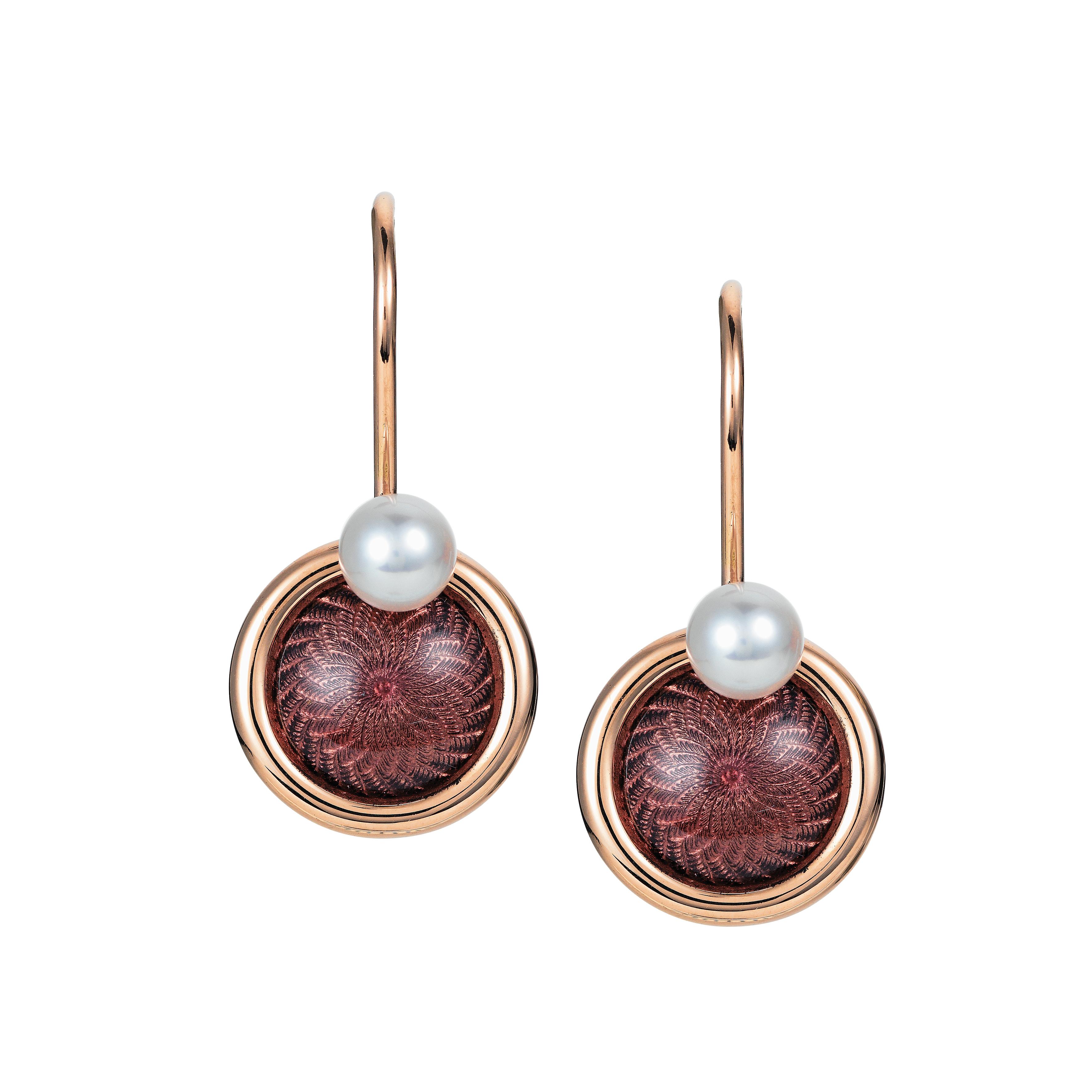 Victor Mayer Candy Wine Red Enamel and 2 Akoya Pearls Earrings 18k Yellow Gold For Sale 1