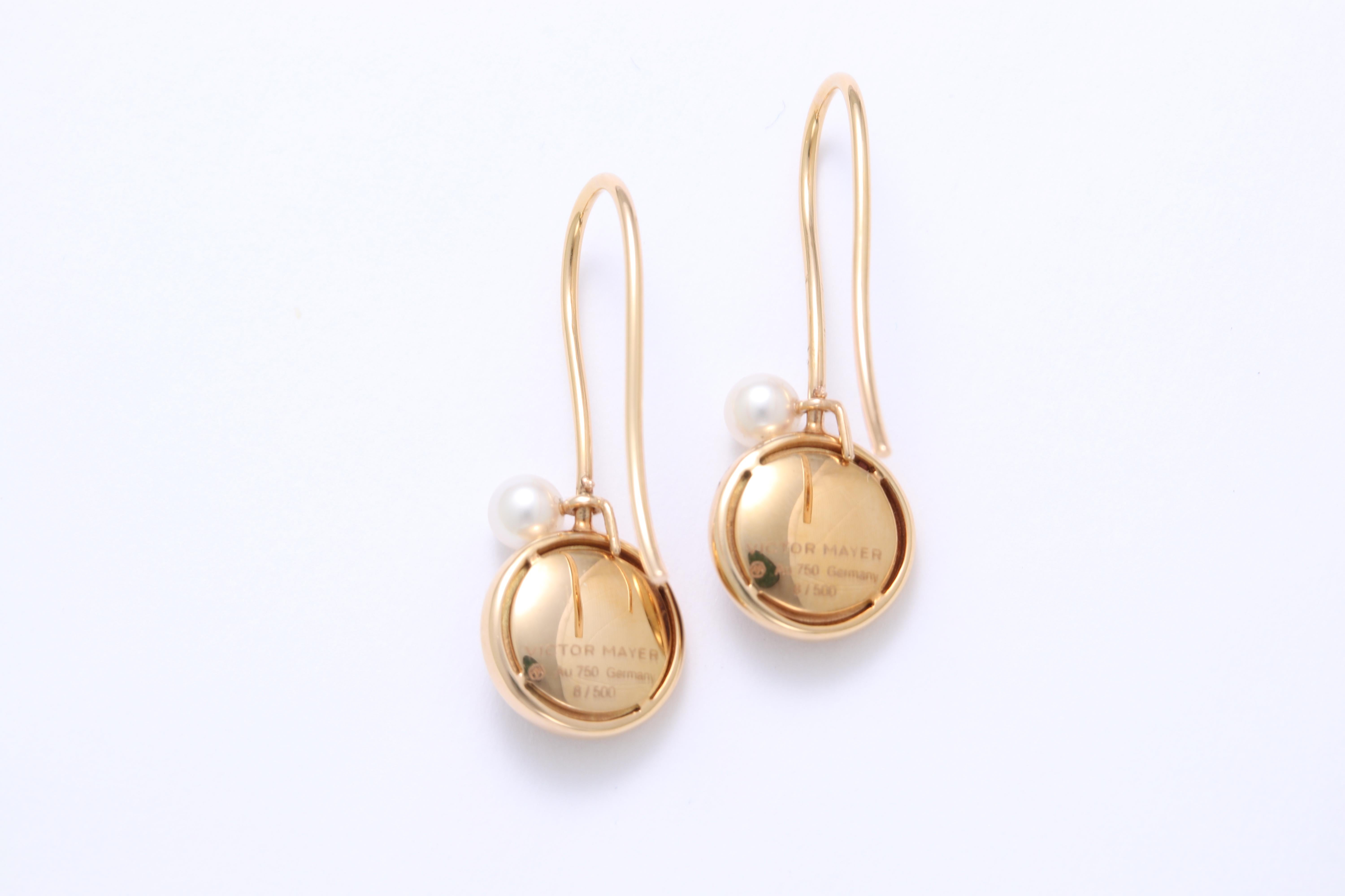 Victor Mayer Candy Wine Red Enamel and 2 Akoya Pearls Earrings 18k Yellow Gold For Sale 2