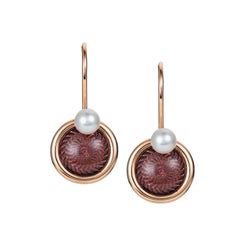 Victor Mayer Candy Wine Red Enamel and 2 Akoya Pearls Earrings 18k Yellow Gold