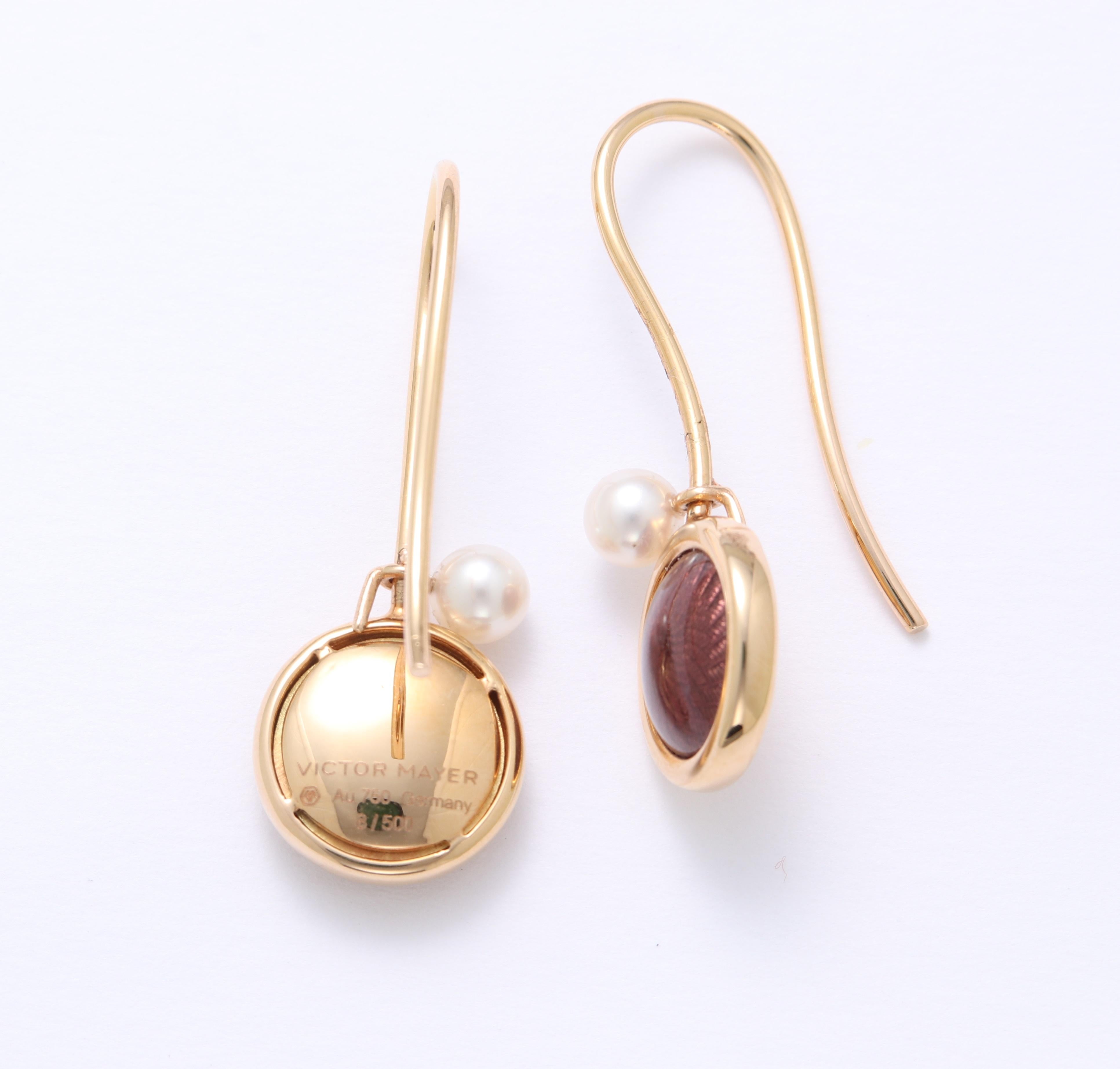 Ball Cut Victor Mayer Candy Wine Red Enamel and 2 Akoya Pearls Earrings 18k Yellow Gold For Sale