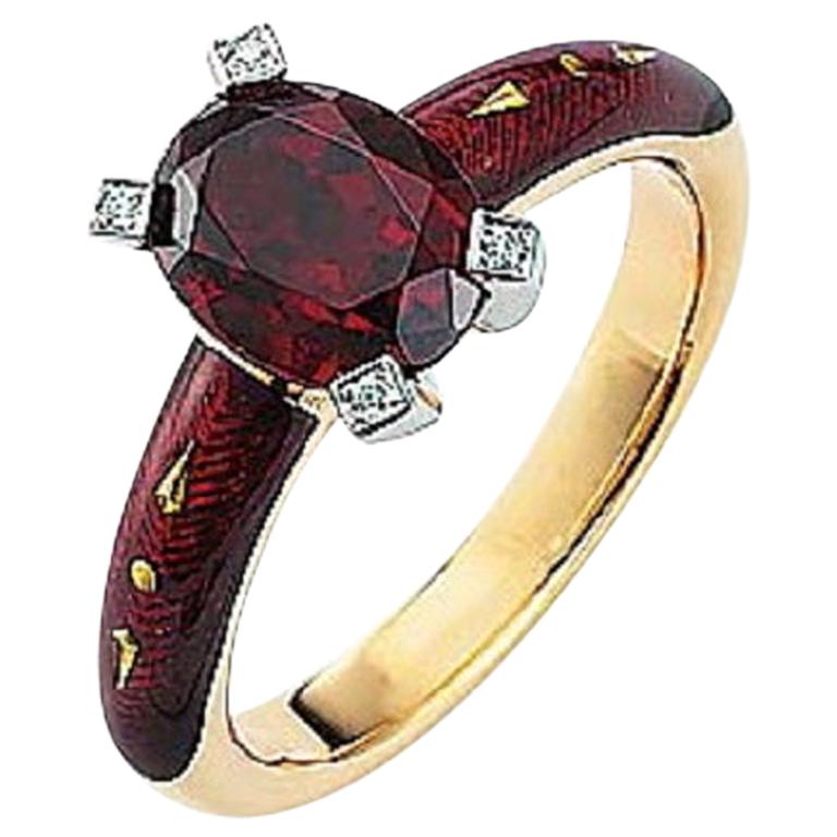 Cocktail Ring Garnet and Wine Red Vitrous Enamel, 18k Gold with 4 Diamonds