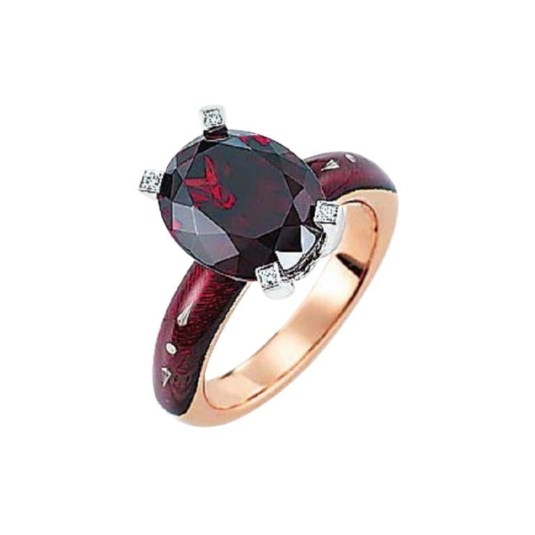 Enamel Ring 18k Rose & White Gold Ceylon Burgundy Red Garnet 0.06ct Diamonds