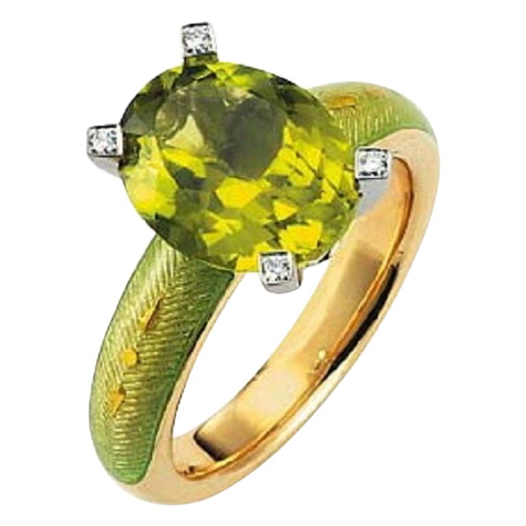 Victor Mayer Cocktail Green Enamel Ring 18k Yellow Gold/White Gold Diamonds For Sale