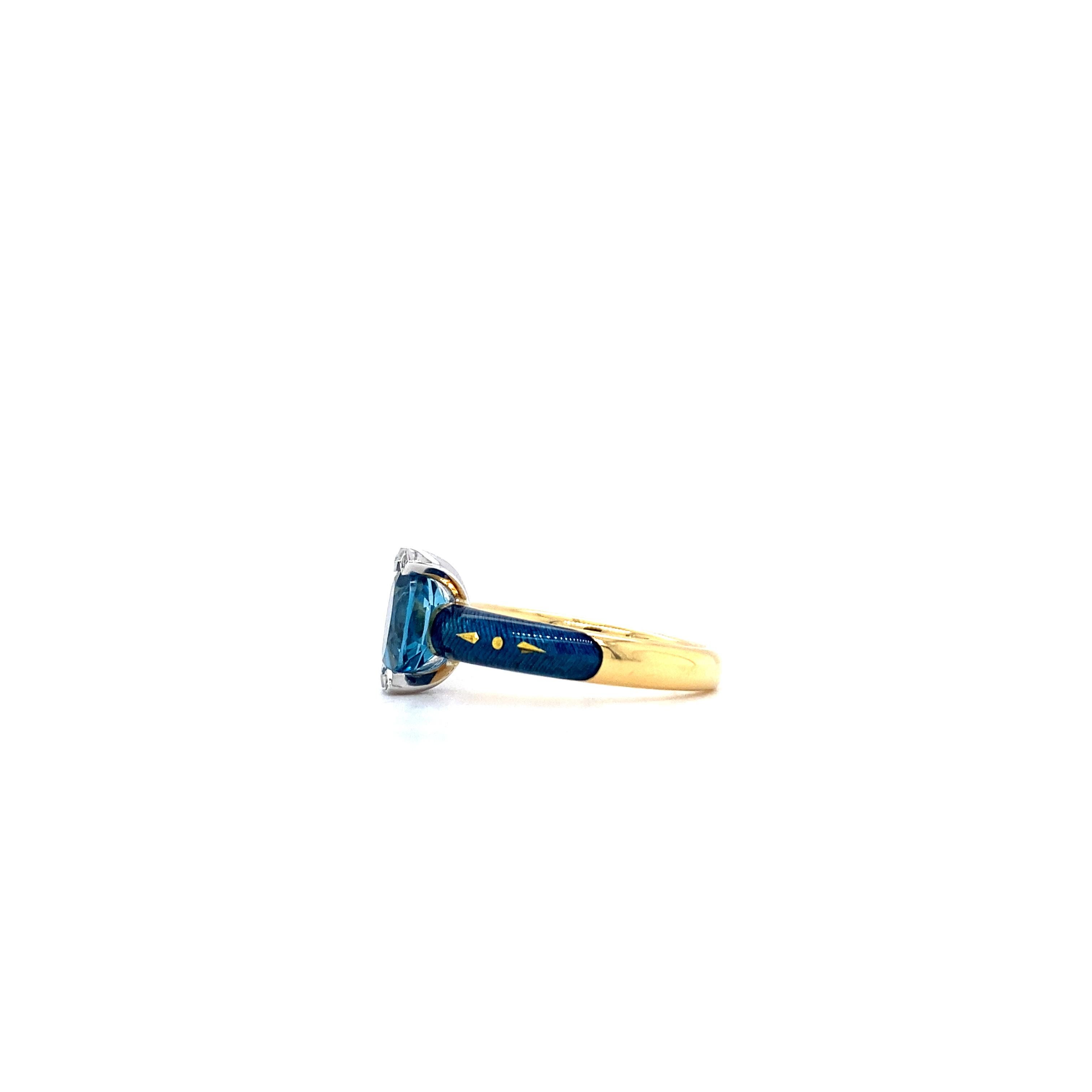 Bague cocktail en émail pétrole  Or jaune/blanc 18 carats avec topaze bleue de 4 diamants Pour femmes en vente