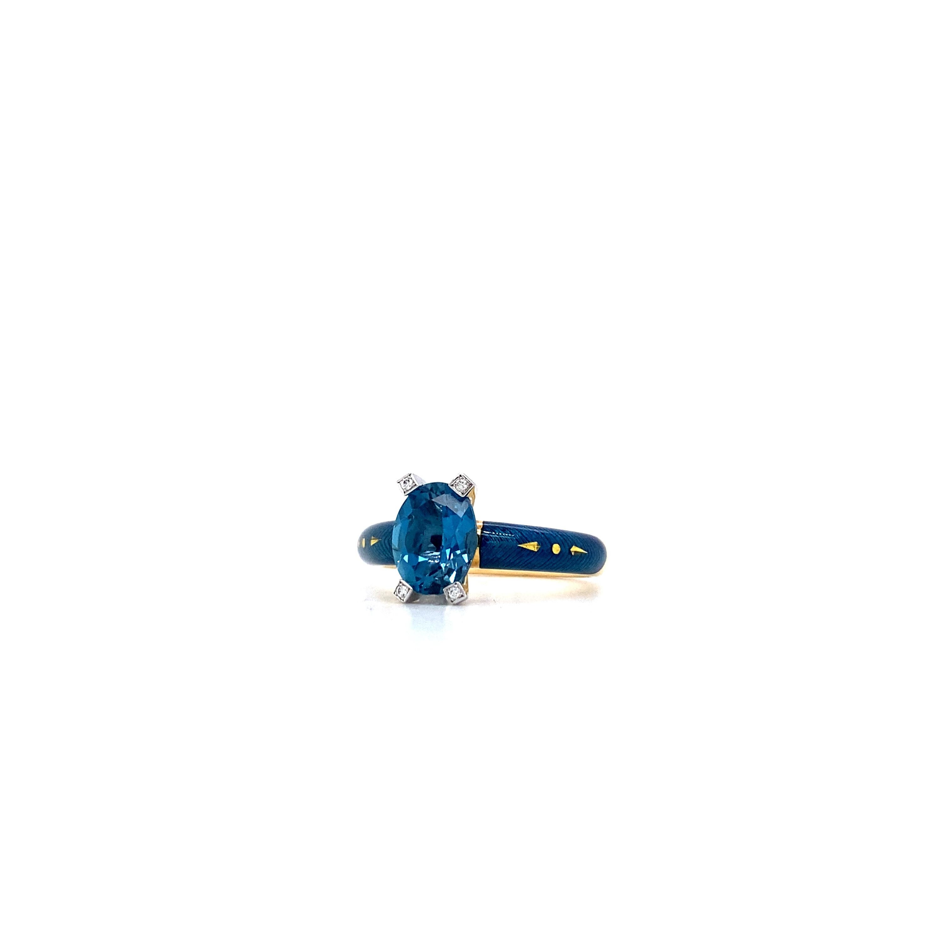 Cocktail Ring Petrol Enamel  18k Yellow /White Gold with 4 Diamonds blue topaz  For Sale 1
