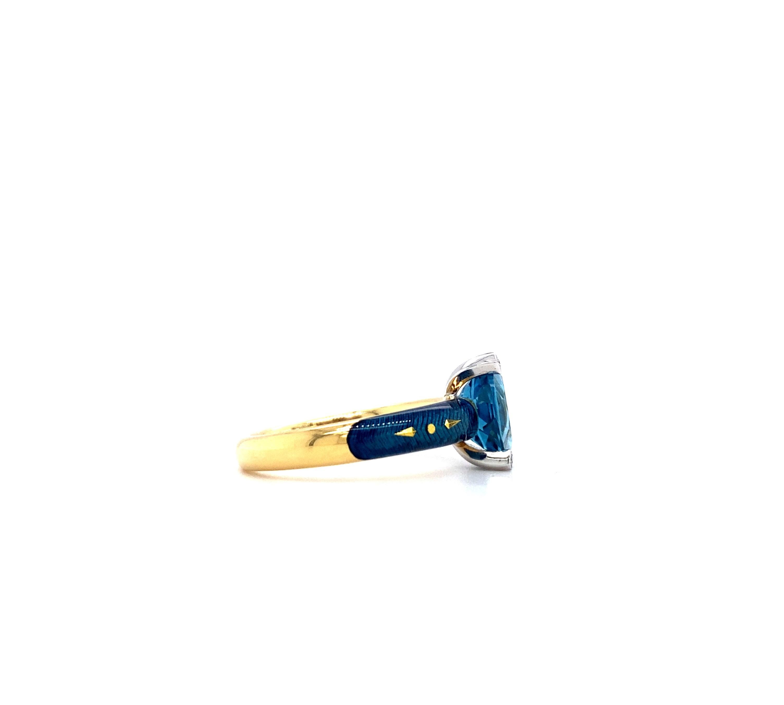 Contemporary Cocktail Ring Petrol Enamel  18k Yellow /White Gold with 4 Diamonds blue topaz  For Sale
