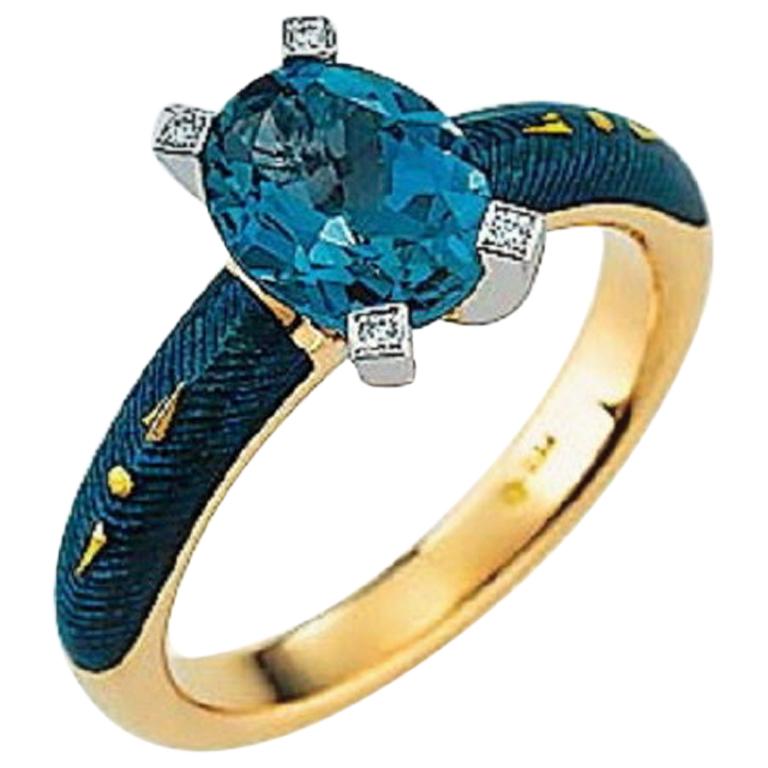 Cocktail Ring Petrol Enamel  18k Yellow /White Gold with 4 Diamonds blue topaz  For Sale