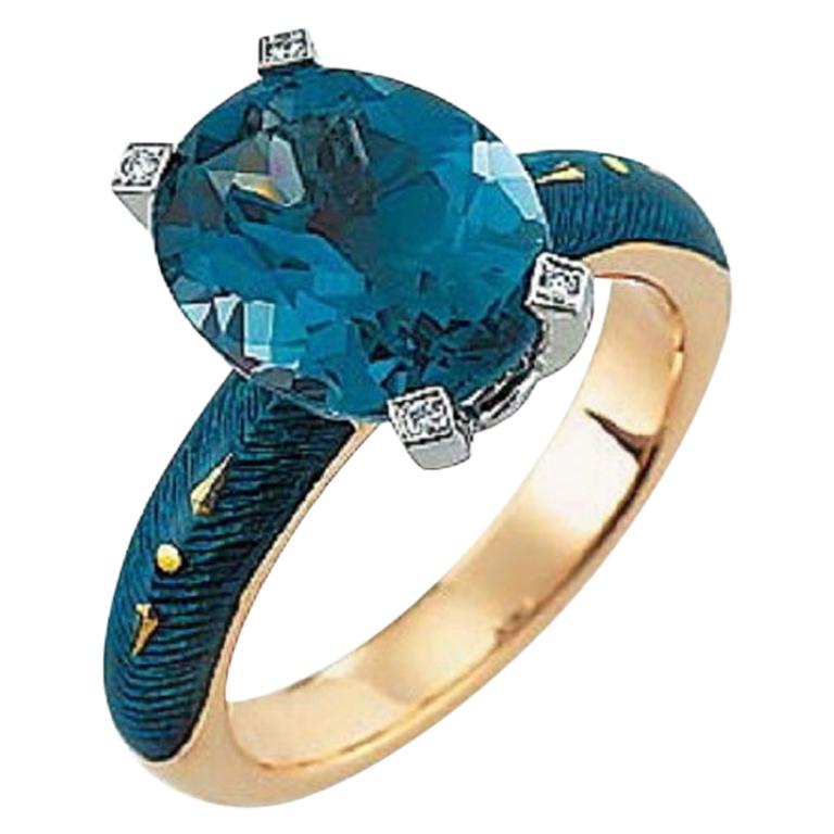 Victor Mayer Cocktail Petrol Enamel Ring 18kYellow Gold/White Gold with Diamonds For Sale
