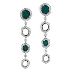 Long Dangle Earrings 18k White Gold 192 Diamonds 1.02 ct Green Vitreous Enamel