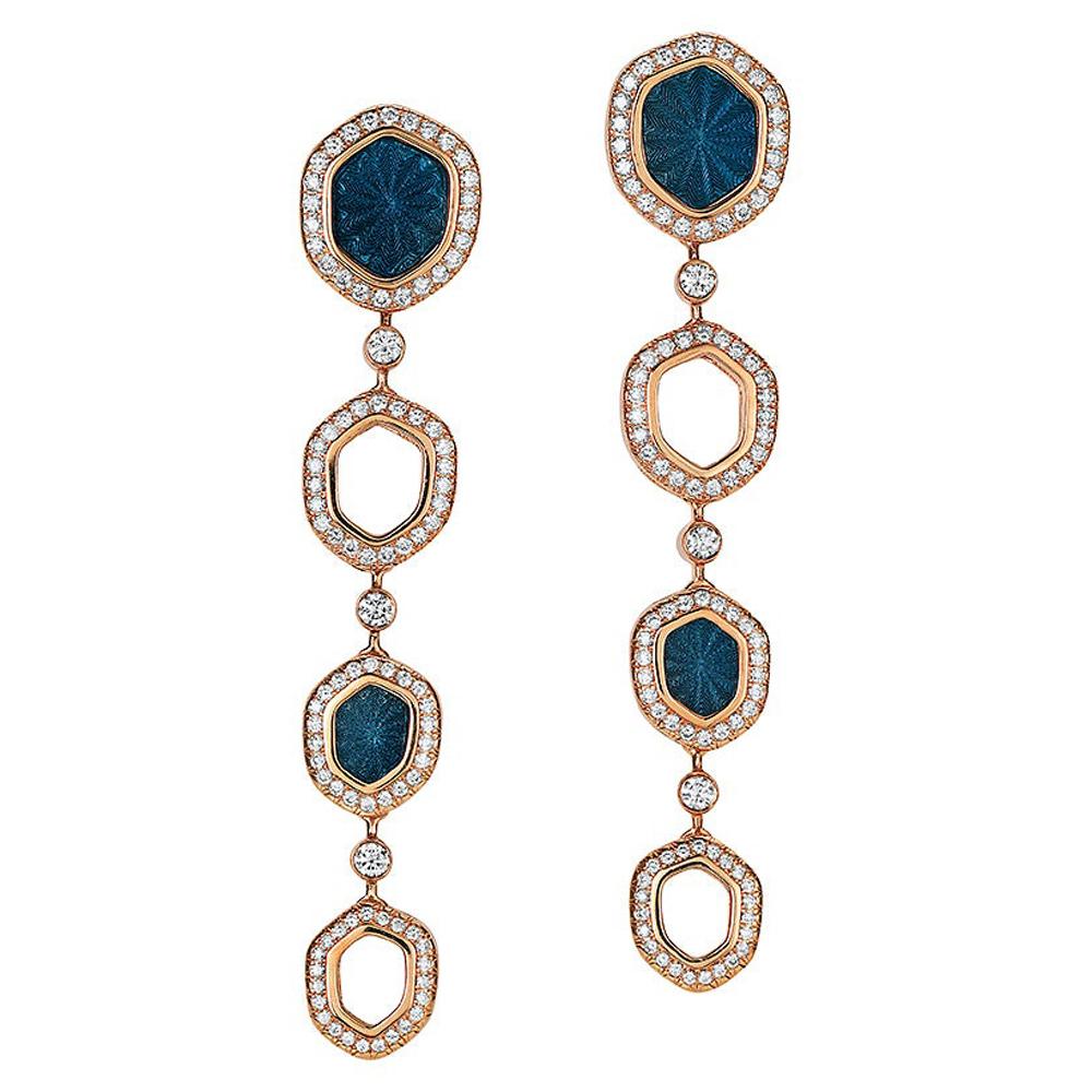 Long Dangle Earrings - 18k Rose Gold - 192 Diamonds 1.02 ct Blue Vitreous Enamel For Sale
