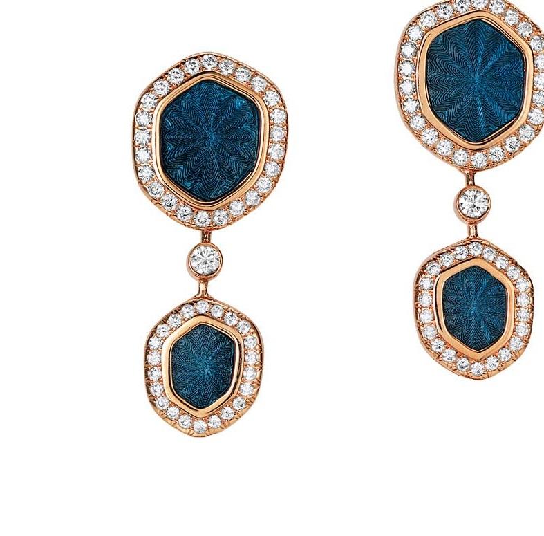 Drop Earrings 18k Rose Gold Light Blue Enamel Guilloche 96 Diamonds 0.53 ct G VS For Sale 1
