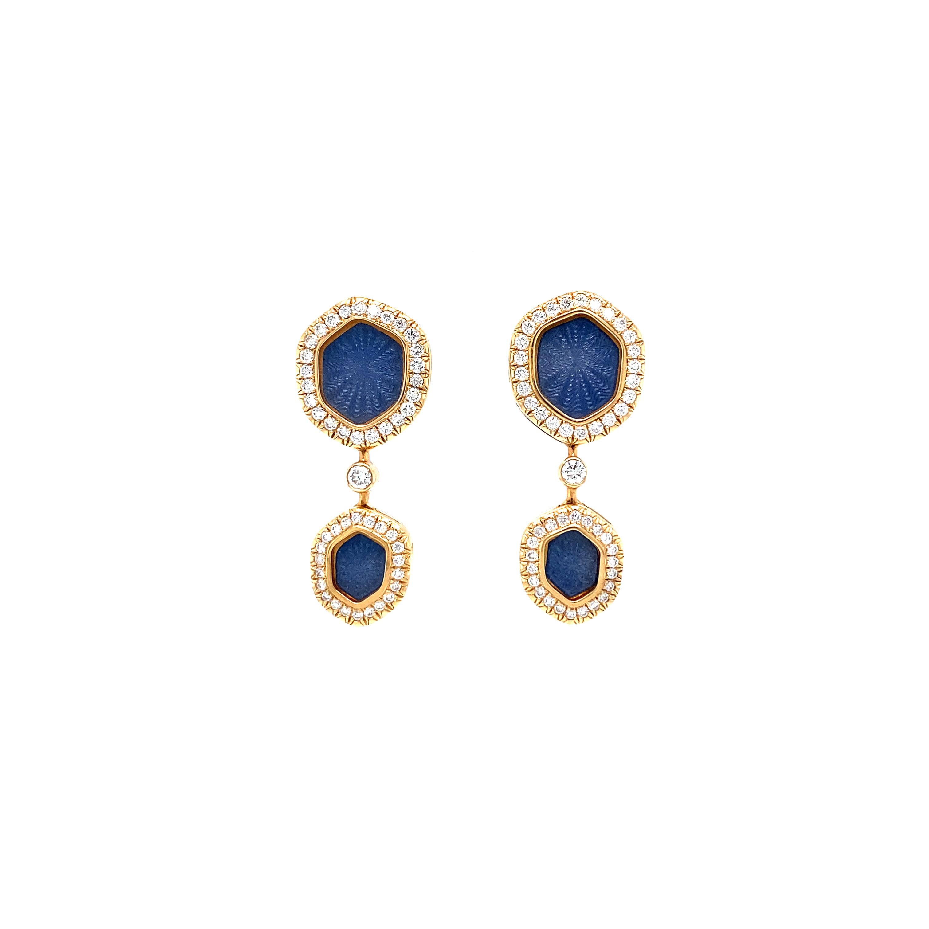 Drop Earrings 18k Rose Gold Light Blue Enamel Guilloche 96 Diamonds 0.53 ct G VS For Sale 2