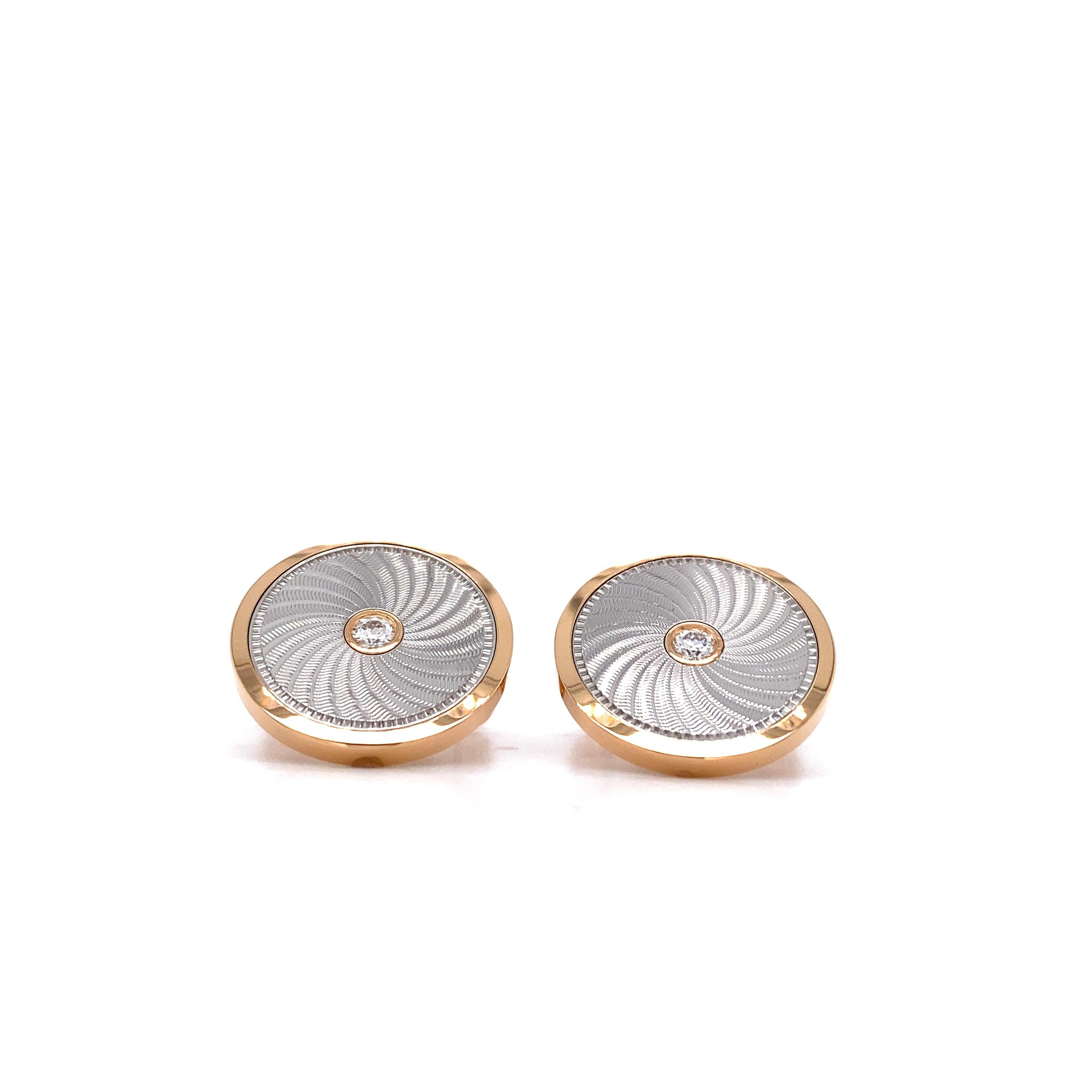 Contemporary Victor Mayer Cufflinks Globetrotter Round 18k Rose/White Gold 2 Diamonds 0.20 ct For Sale