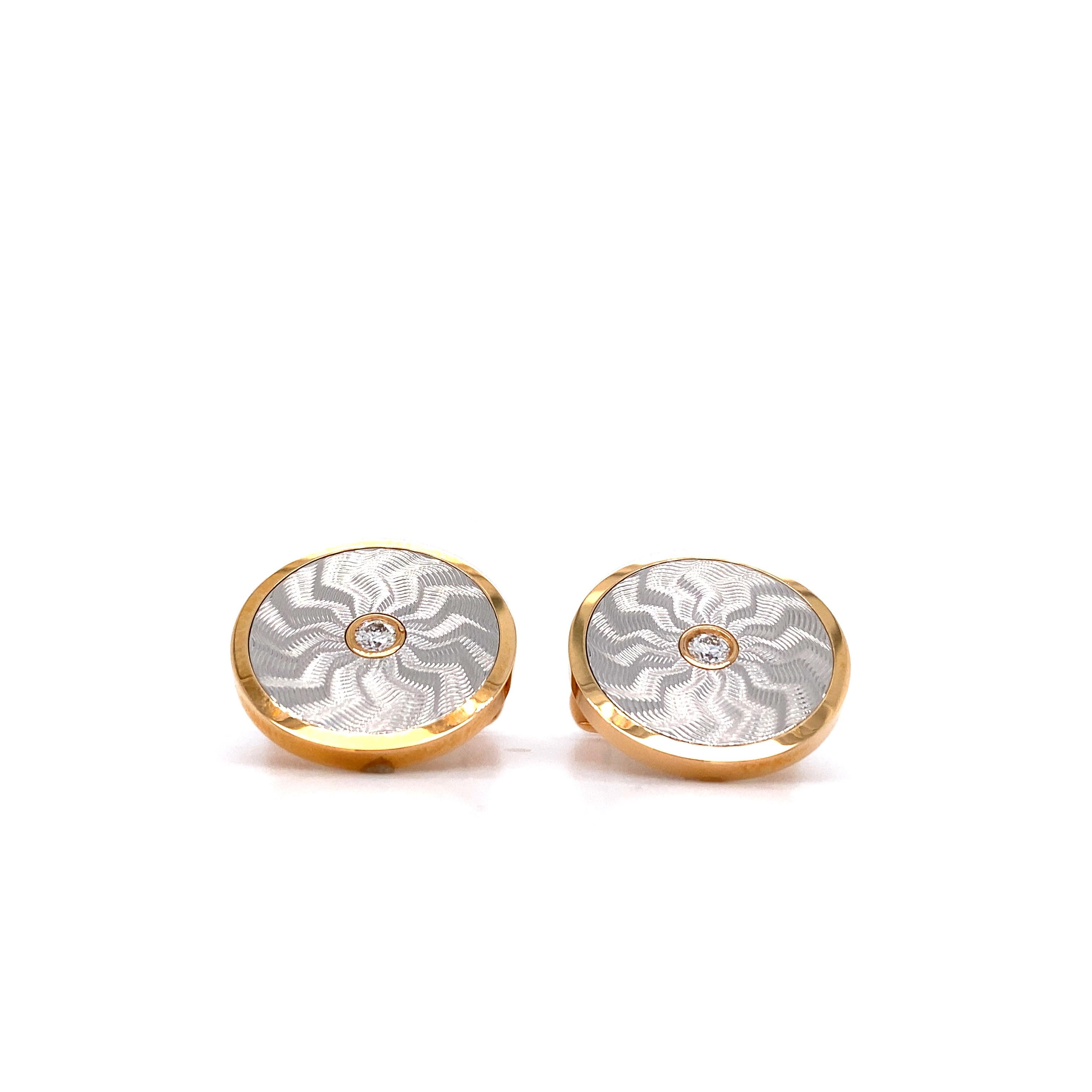 Contemporary Round Cufflinks 18k Rose & White Gold Guilloche 2 Diamonds 0.20 ct 19 mm For Sale