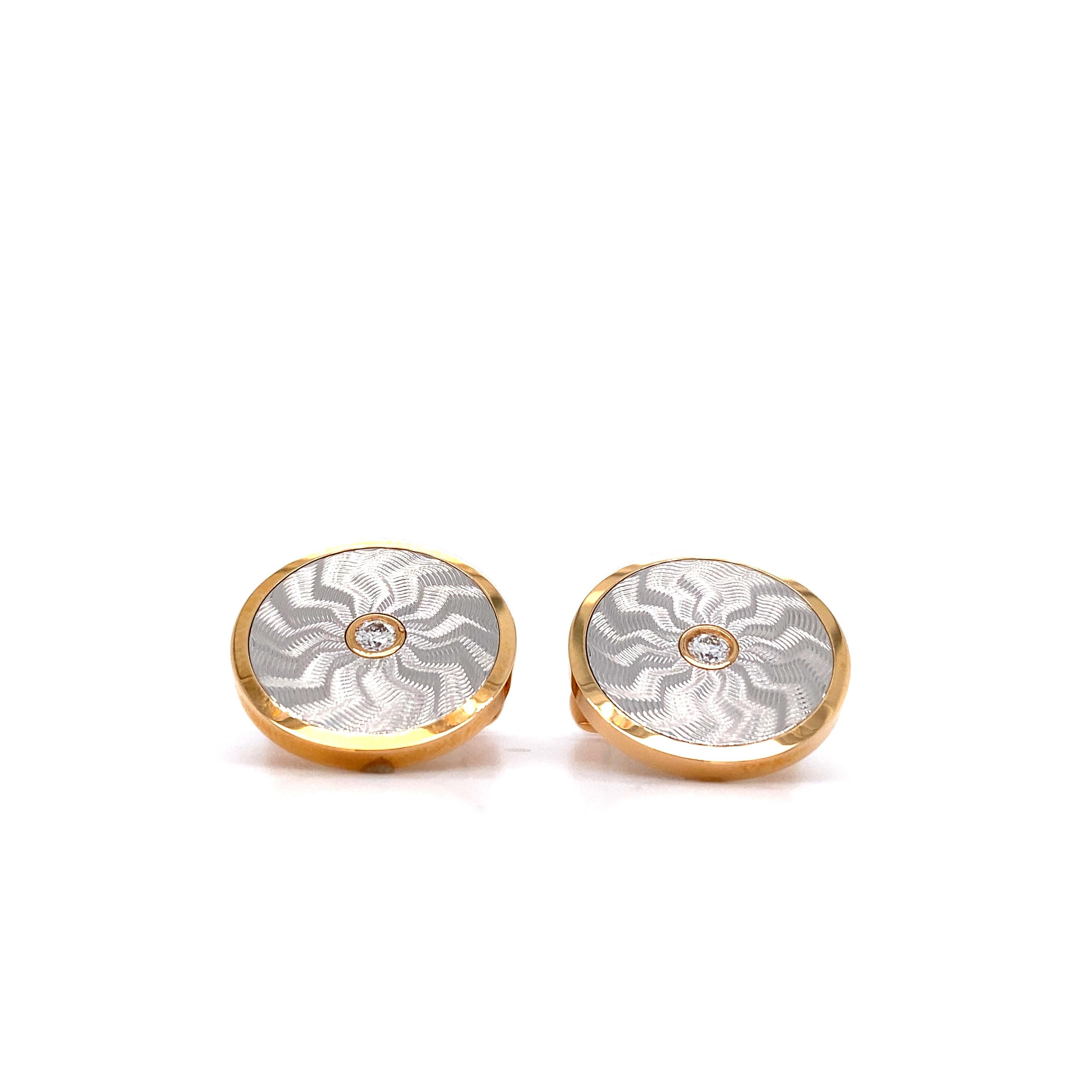 Gemelos redondos Oro rosa y blanco 18k Guilloche 2 diamantes 0,20 ct 19 mm Contemporáneo en venta