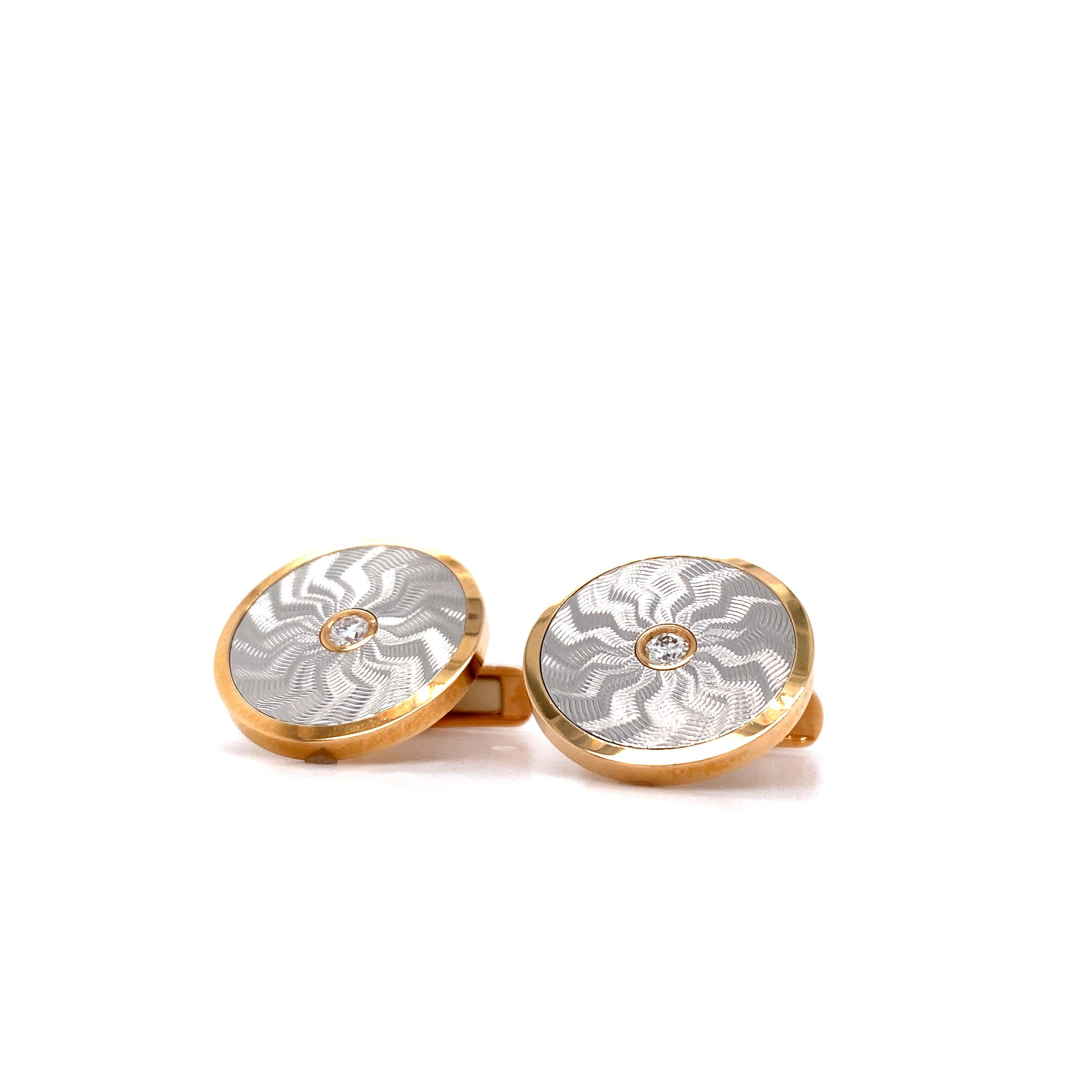 Round Cufflinks 18k Rose & White Gold Guilloche 2 Diamonds 0.20 ct 19 mm For Sale 3