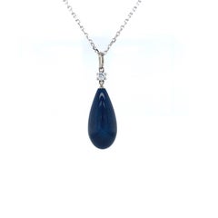 Drop Pendant - 18k White Gold - Petrol Blue Guilloche Enamel 1 Diamond 0.09 ct