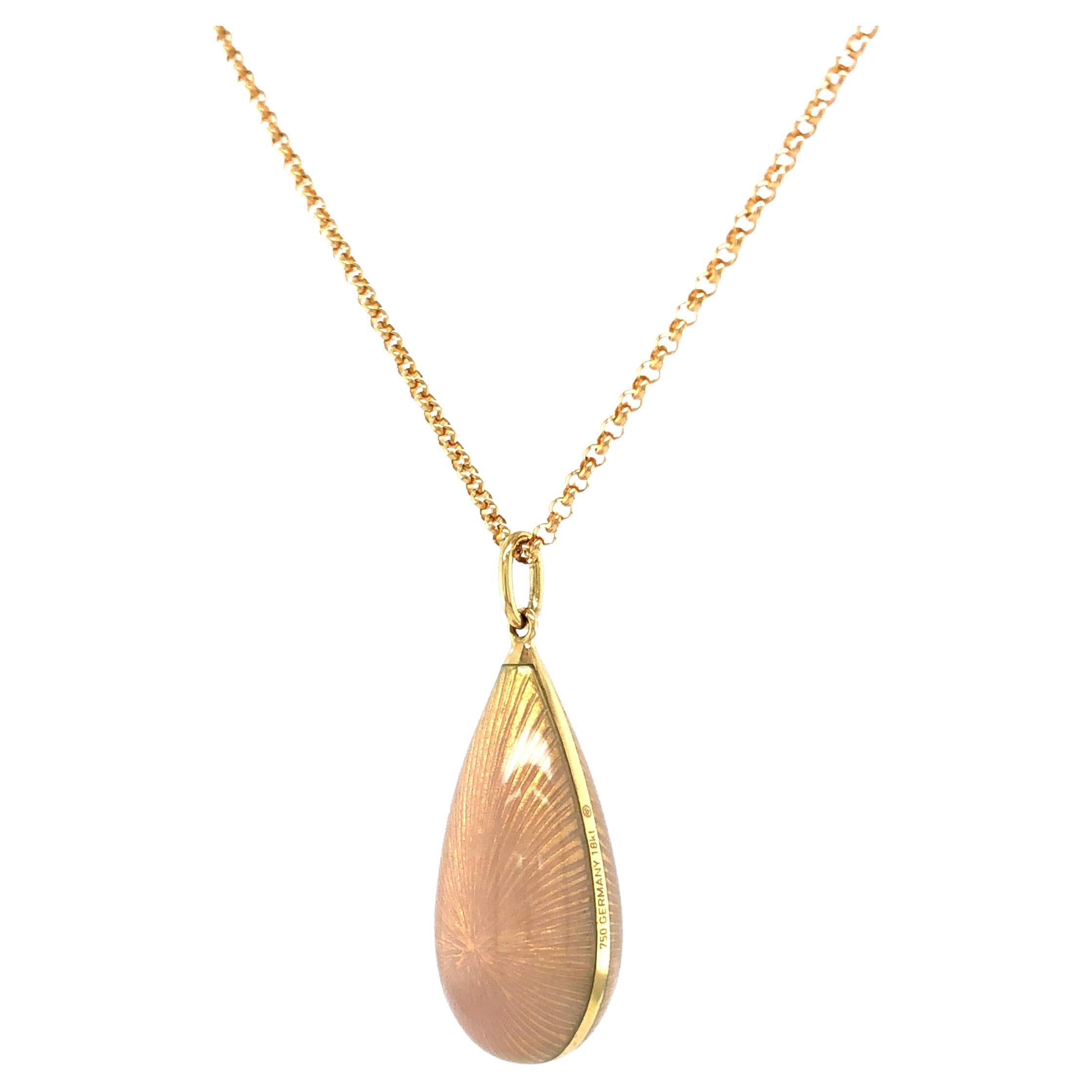 Dew Drop Pendant - 18k Yellow Gold - Opalescent White Vitreous Enamel Guilloche For Sale