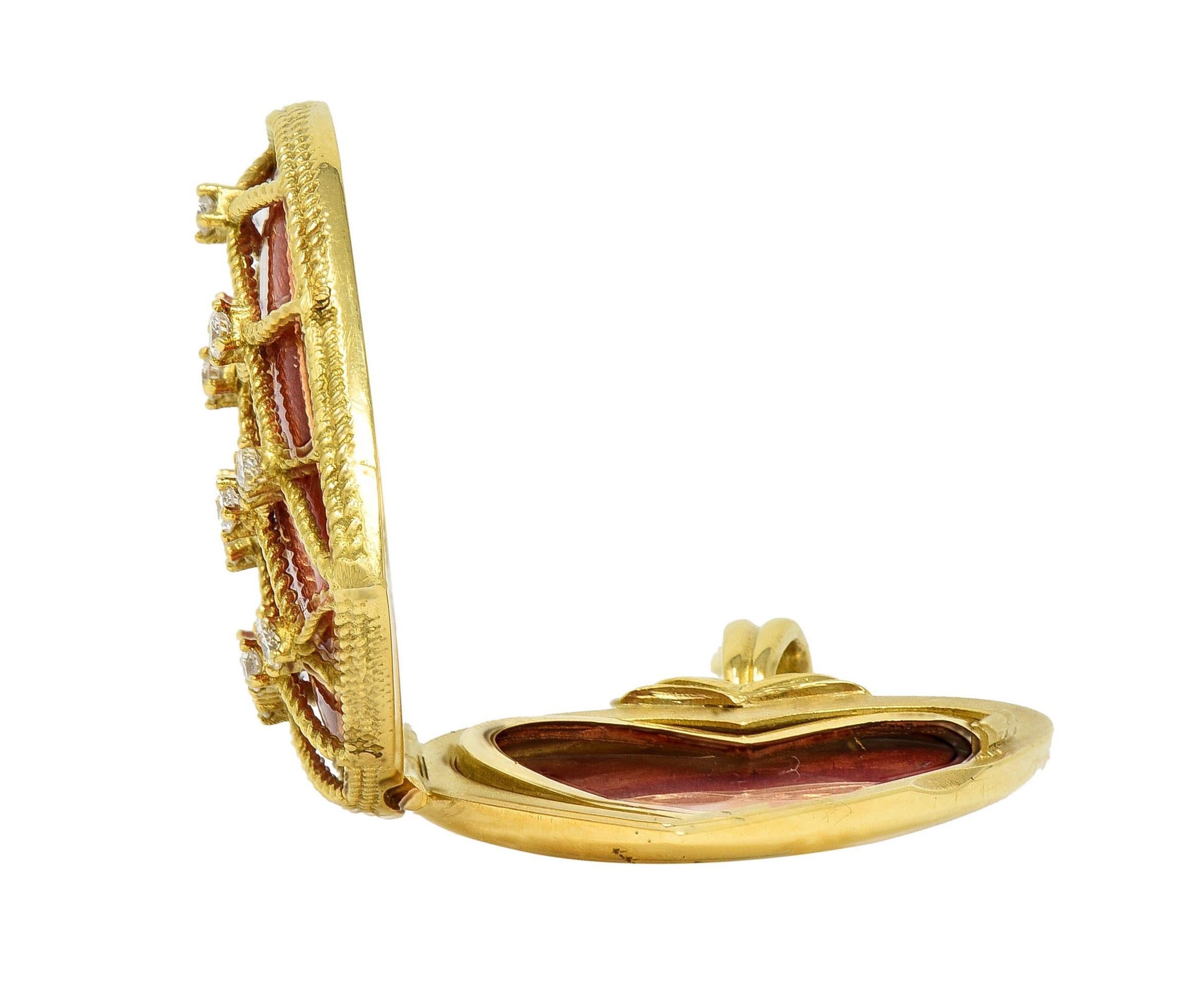 Victor Mayer Diamond Enamel 18 Karat Yellow Gold Vintage Heart Locket Pendant For Sale 9