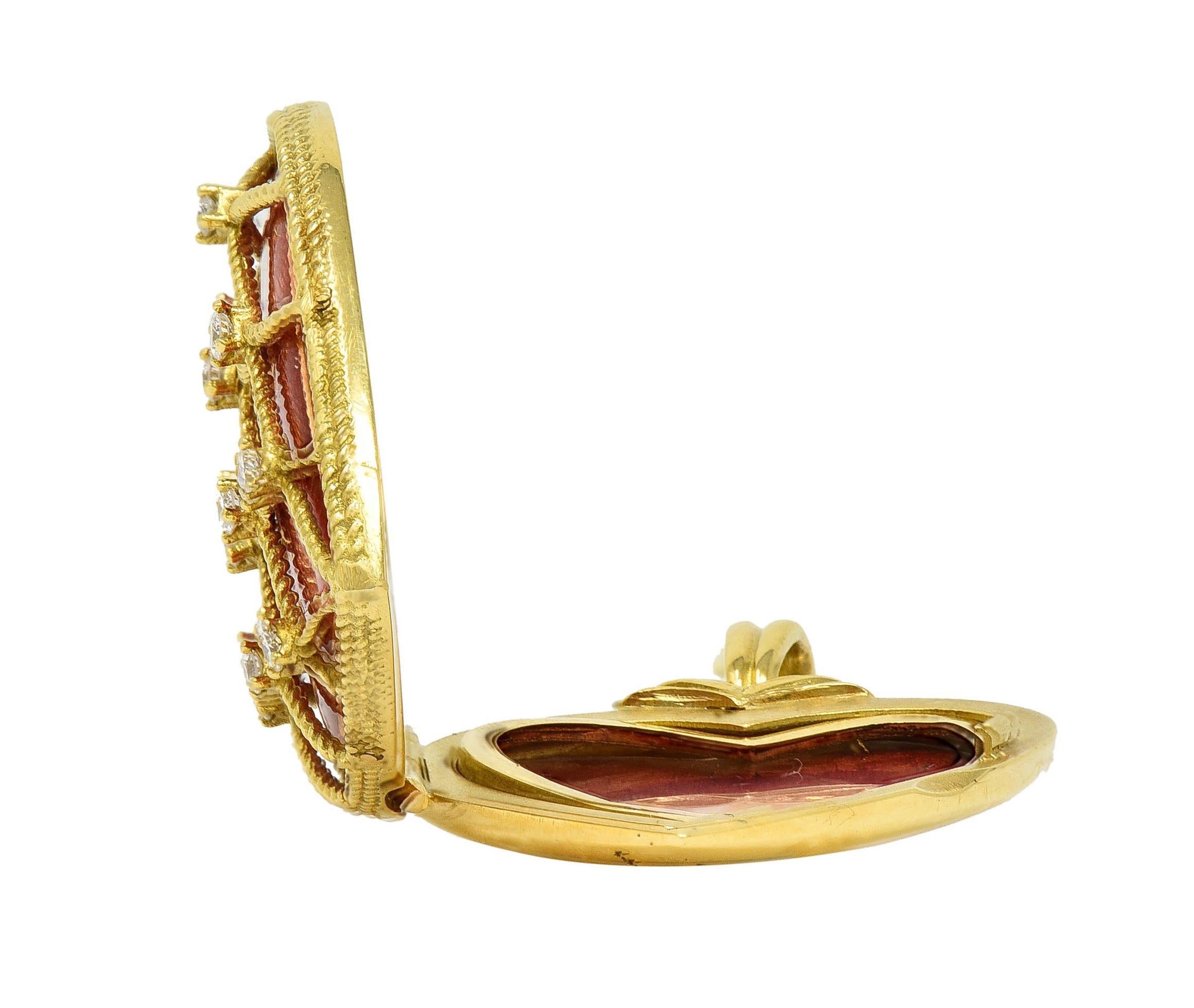 Victor Mayer Diamond Enamel 18 Karat Yellow Gold Vintage Heart Locket Pendant 9