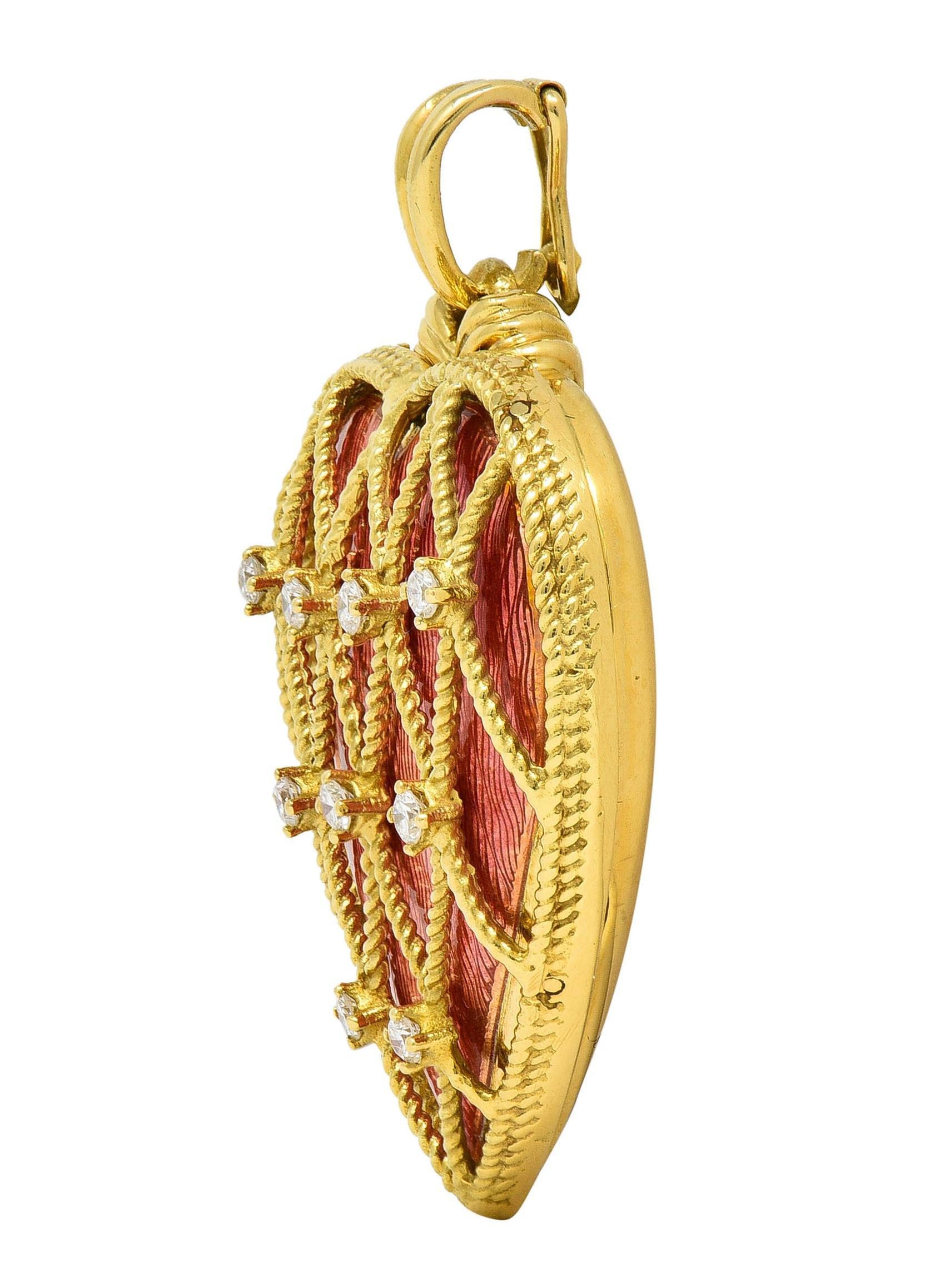 Brilliant Cut Victor Mayer Diamond Enamel 18 Karat Yellow Gold Vintage Heart Locket Pendant For Sale